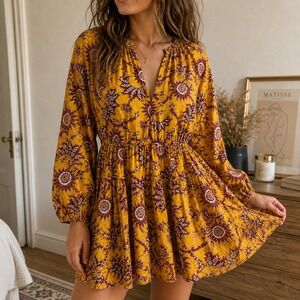 A.L.C. Yellow Floral Mini Dress Puff Sleeve Boho Resort Size 2 Small